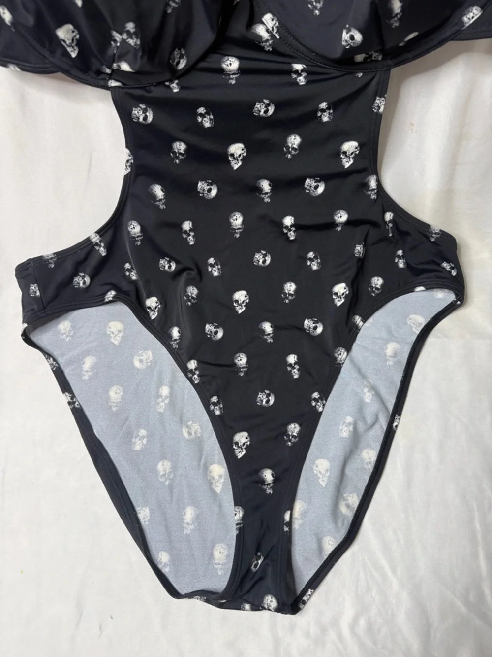 Killstar Black Halter Cutout One-Piece Swimsuit with White Skull Print - Picture 3 of 8